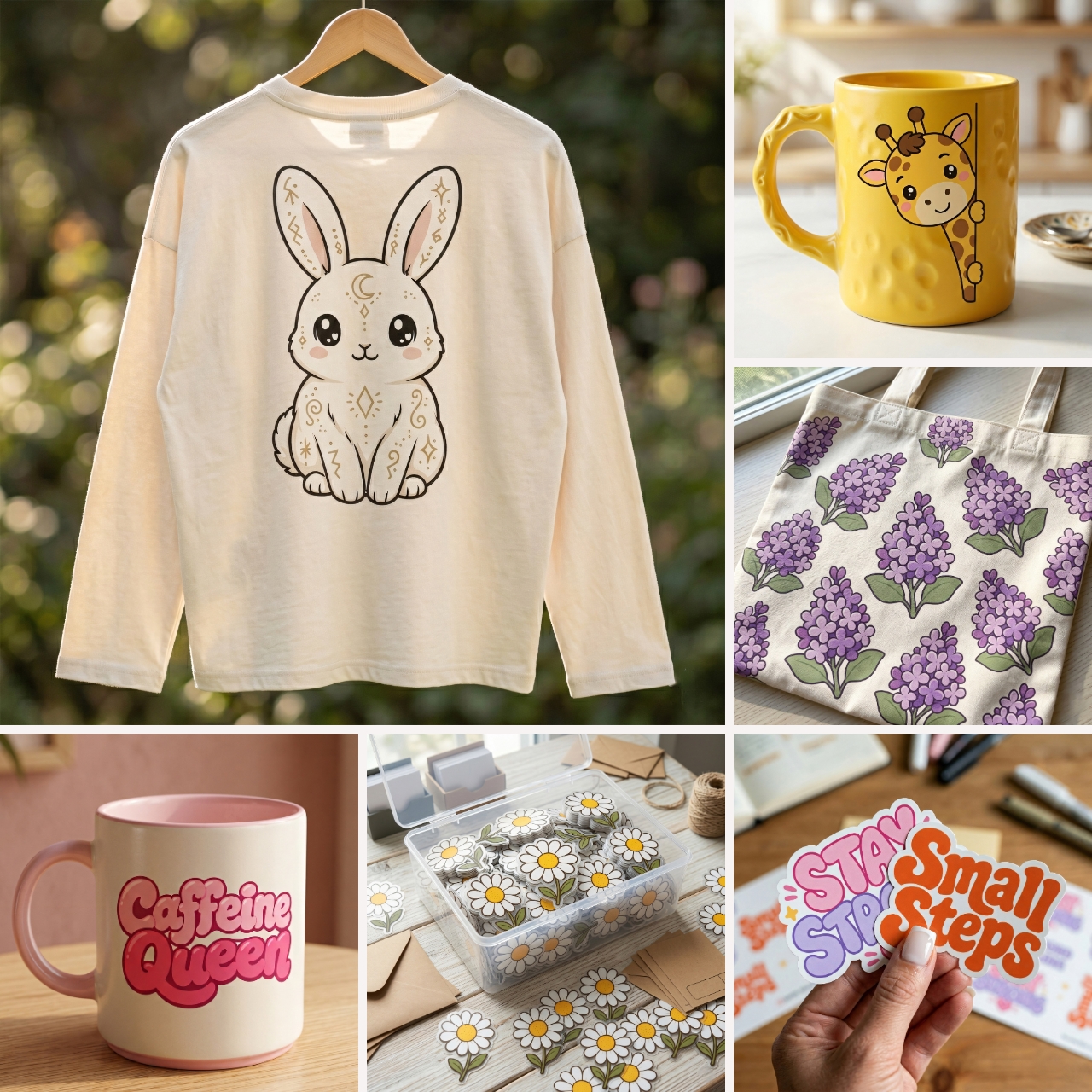 Real usage examples: planner stickers, tote bags, phone cases, t-shirts, journals